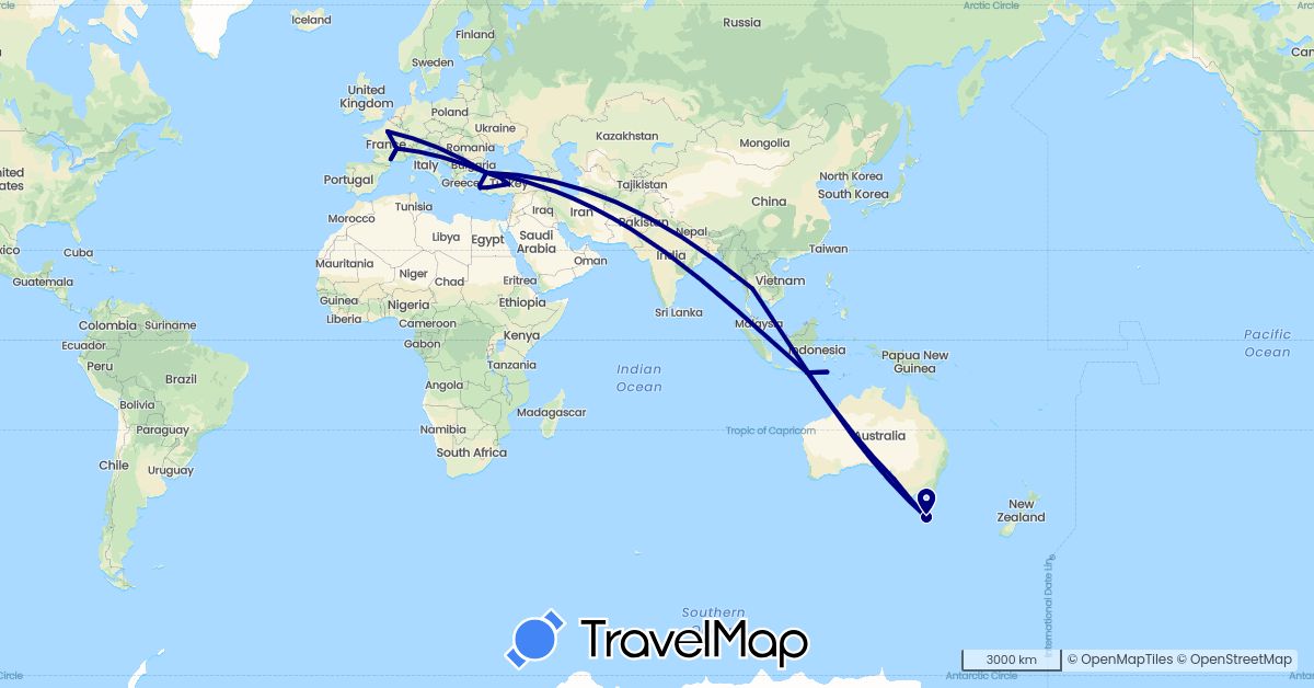 TravelMap itinerary: driving in Australia, France, Indonesia, Thailand, Turkey (Asia, Europe, Oceania)